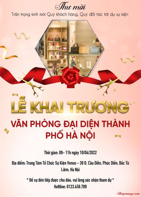 Mẫu thiệp mời sự kiện “Lễ khai trương Văn phòng đại diện Thành phố Hà Nội” do thiepmung.com thiết kế 