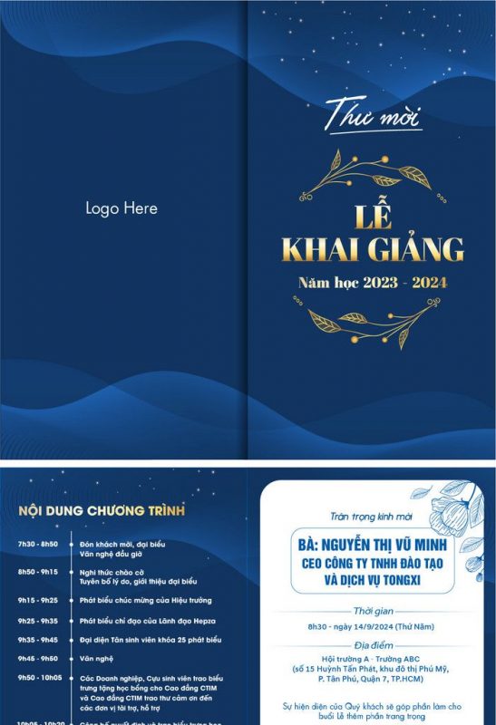 Mẫu thiệp mời sự kiện Lễ khai giảng do Sự kiện Hưng Thịnh thiết kế 