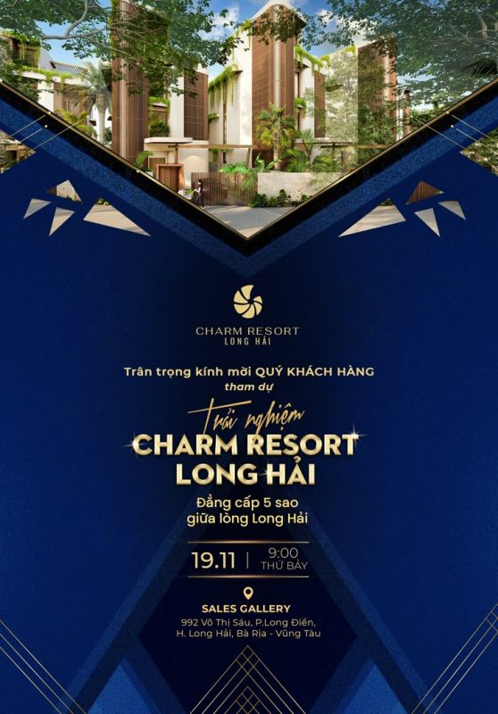 Mẫu thiệp mời sự kiện “Trải nghiệm Charm resort Long Hải” của Charm resort Long Hải do Sự kiện Hưng Thịnh thiết kế và in ấn