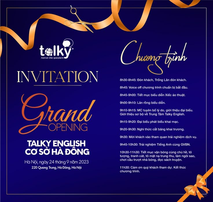 Mẫu thiệp mời sự kiện “Grand opening Talky English cơ sở Hà Đông” của Taiky do Sự kiện Hưng Thịnh thiết kế và in ấn