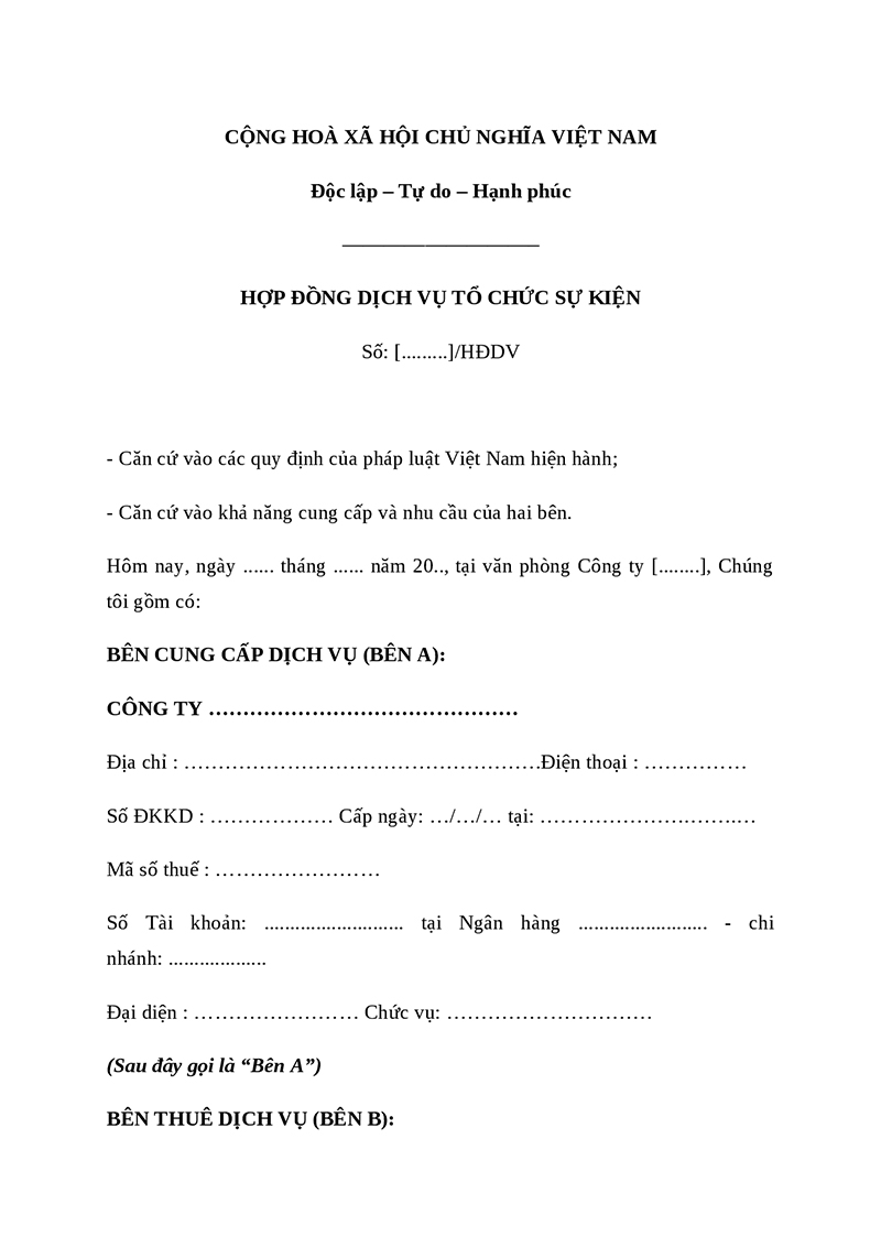 Mẫu hợp đồng thuê tổ chức sự kiện chi tiết 